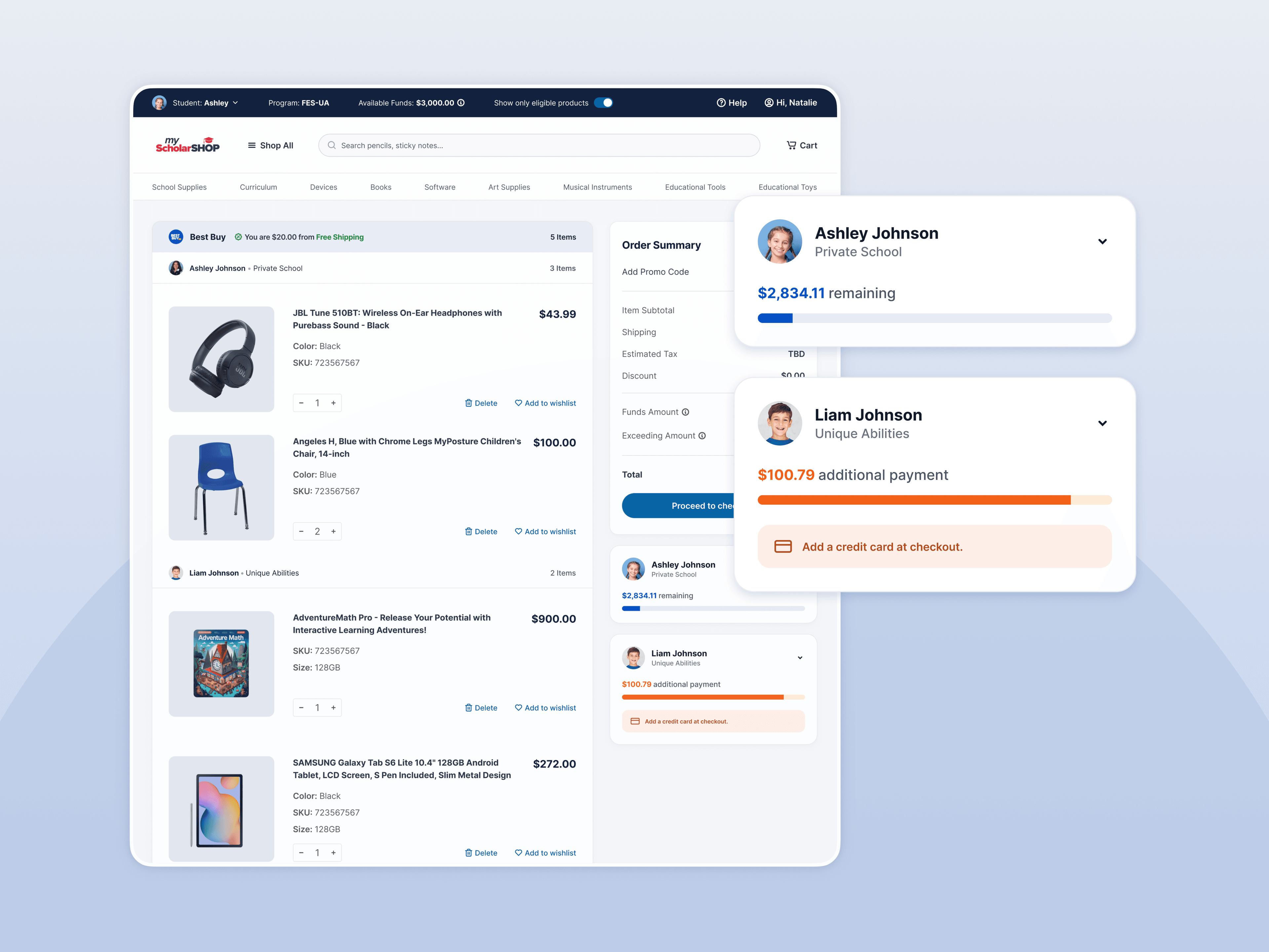 Maintaining student and funding context throughout the shopping journey